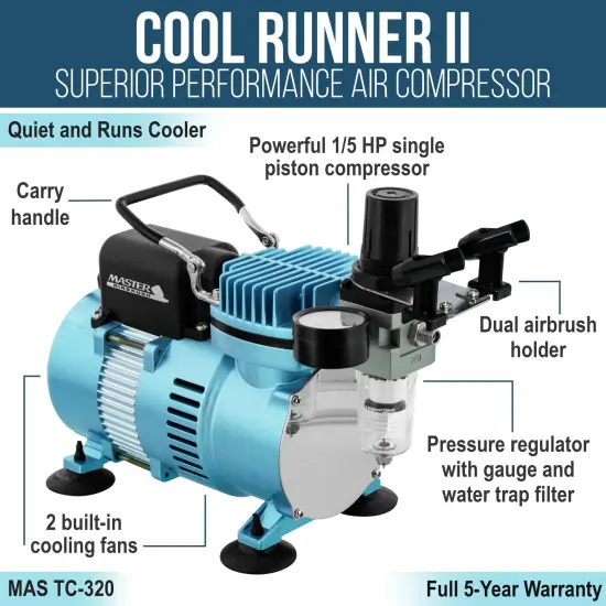 Cool Runner II Dual Fan Air Compressor System Kit with Master Elite Plus Elite Level Performance Airbrush Set, Case, 0.3mm Tip, 2 Cups {5}
