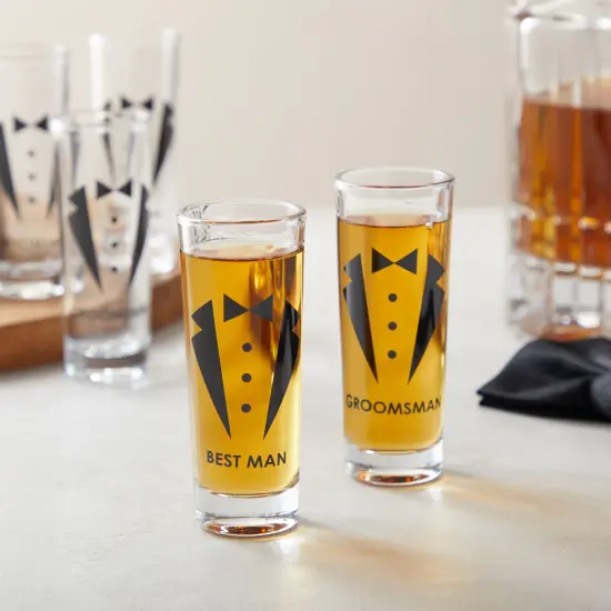 Set of 5 Groomsmen Shot Glasses with Tuxedos for Bachelor Party Decorations and Favors or Groomsmen Gifts, Wedding Shot Glasses, Heavy Base for Tequila, Whiskey, Vodka (2 oz Each) {2}