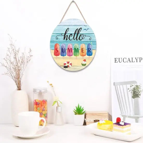 Hello Summer Front Door Sign Hanger(12"x12"), Summer Themed Wooden Door Decoration Hanging with Beach Popsicle Ice Cream, Round Welcome Summer Sign Decoration for Home Front Door Outdoor {5}