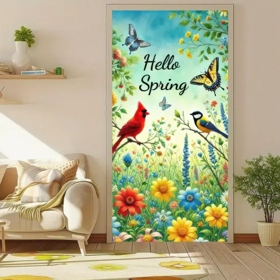 Spring Door Cover 71x35 Inch Bird Flower Door Banner Hello Spring Seasonal Front Door Decoration for Welcome Holiday Spring Summer Easter Decor Indoor Outdoor {5}