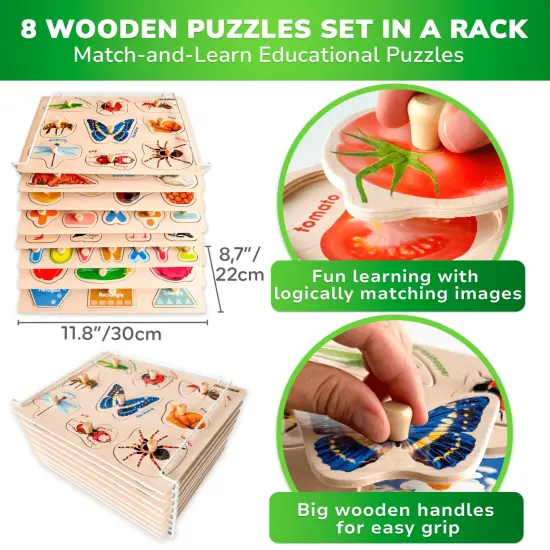8 Pack Rack Wooden Puzzles for Toddlers| ABC, Numbers & Animals {2}
