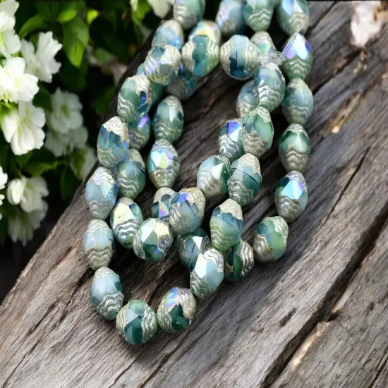 *15* 6x8mm Antique Silver AB Washed Blended Green & Blue Oval Cathedral Beads {3}