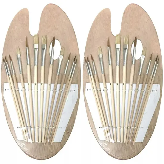 WOOD PALETTE + 12 PCS Artist BRUSH Set for Acrylic Oil Art Painting - 2 PACK {1}