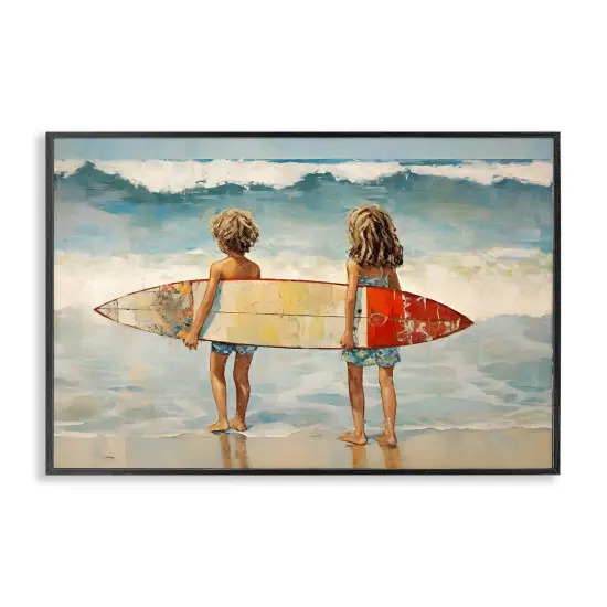 Stupell Industries Kids with Surf Waves Framed Giclee Wall Art Design by Petal Prints Design {1}
