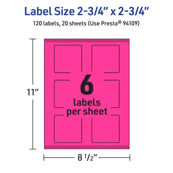 Avery Neon Magenta Paper Labels, 2.75" x 2.75" Square {5}