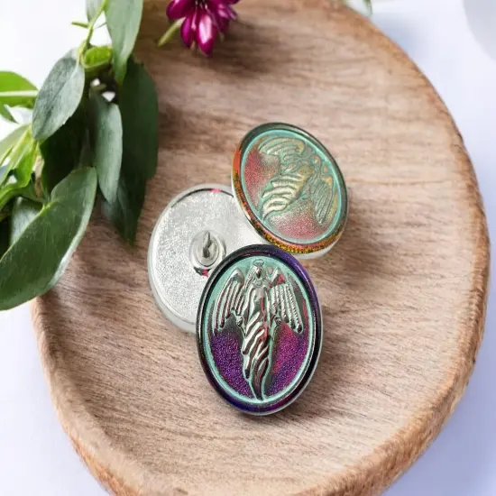 27mm Round Guardian Angel Button - Antiqued Crystal with Platinum, Turquoise & Volcano Wash - Czech Glass Buttons {1}