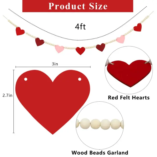 DAZONGE Valentines Day Decorations, Wood Bead Garland with Felt Hearts for Valentine Decor, Red and Pink Farmhouse Valentine&rsquo;s Day Banner for Wedding, Anniversary Decorations {4}