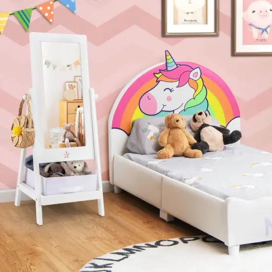 Costway Kids Full Length Mirror 360&deg; Rotatable Freestanding Dressing Mirror with Storage Bin White {4}