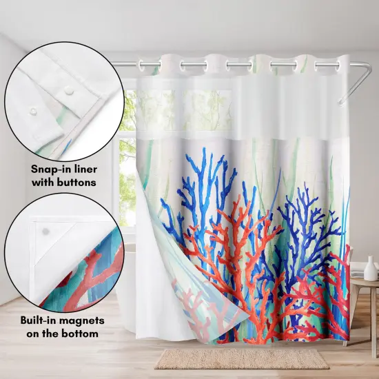Americanflat 72x75 Hookless Shower Curtain - Coastal Orange Blue Shower Curtain with Sheer Panel, Snap-In Liner, and Grommets - 100% Polyester {4}