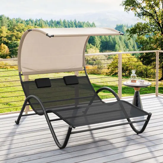 Costway Outdoor Double Chaise Lounge Chair with Sunshade Canopy & Headrest Pillows {1}