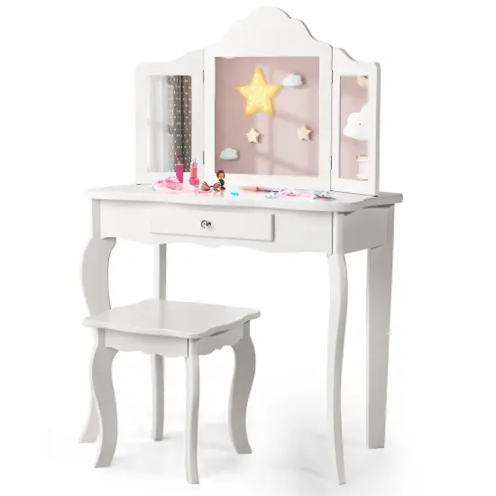 Costway Kid Vanity Table Set with Tri-folding Mirror 2-in-1 Makeup Dressing Table Stool Set {2}