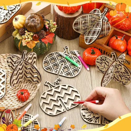 36 Pcs Fall Crafts Set 24 Pumpkin Wood Cutouts with 12 Colored {2}