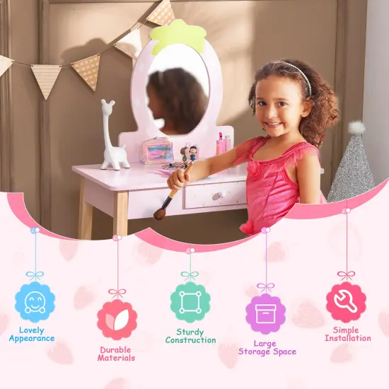 Costway Kid Vanity Table Stool Set with Mirror Wooden Legs Storage Drawer Pink {5}