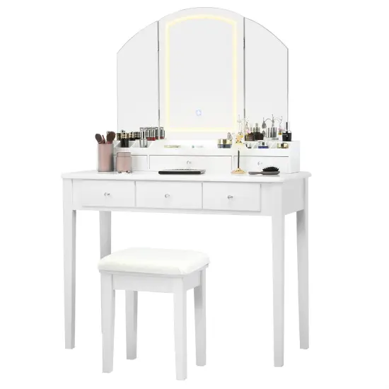 Costway Vanity Table Stool Set Large Tri-folding Lighted Mirror 6 Drawer Dresser White\Black {8}