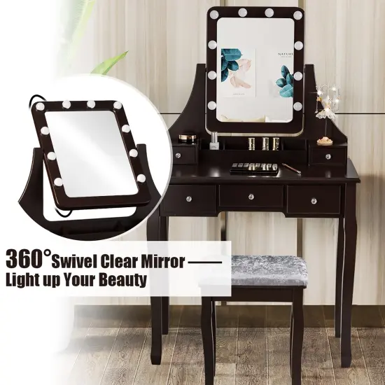 Costway Vanity Dressing Table Set w/ 10 Dimmable Bulbs Touch Switch Cushion Stool White\Black\Brown {5}