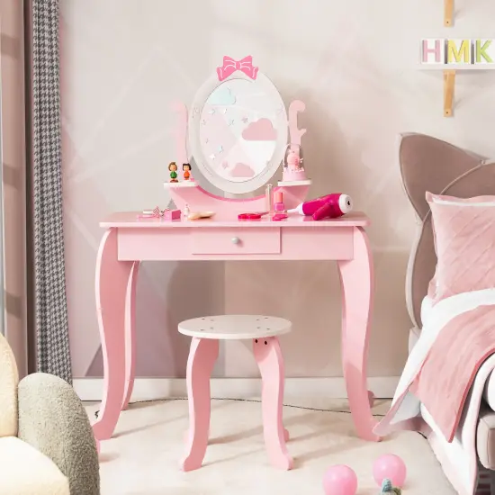 Costway Kid Vanity Table Stool Set with Adjustable Mirror Storage Drawer Makeup Pink {3}