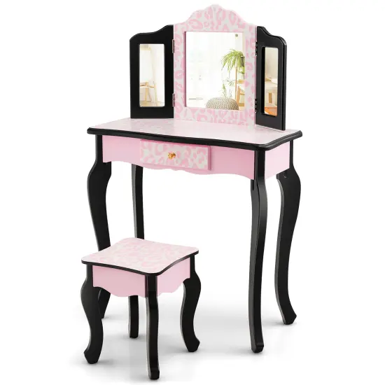 Costway Kid Vanity Set Wooden Makeup Table Stool Tri-Folding Mirror Leopard Print {8}