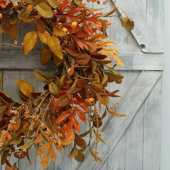 Artificial Fall Wreath - Mixed Leaves With Pumpkin {2}