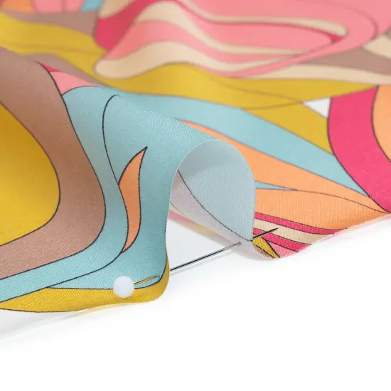 1 Yard Italian Silk Charmeuse Print Fabric Peachy Pink, Sky Blue & Taupe Retro Florals, 53 Inches Width {2}