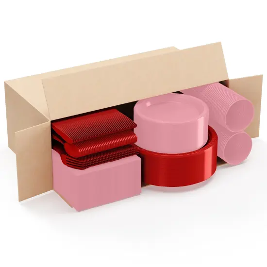 Exquisite 350 Pcs Plastic Plates for Party &ndash; Disposable Plates Set &ndash; 50 Each of 9" Dinner Plates, 7" Dessert Plates, Plastic Cups, Napkins & Plastic Cutlery &ndash; Plastic Dinnerware by Party Solids Pink & Red {3}