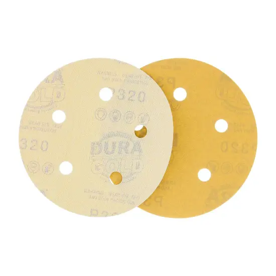 320 Grit - 5" Gold DA Sanding Discs - 5-Hole Pattern Hook and Loop - Box of 50 {4}