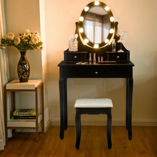 Costway Bedroom Vanity Set Makeup Dressing Table w/3 Drawers 10 LED Bulb Black {1}