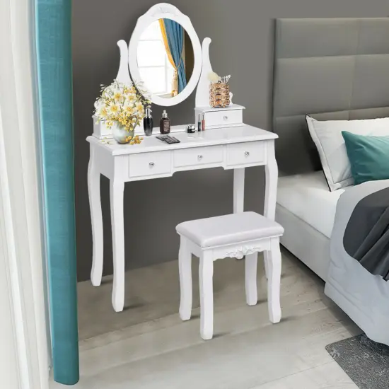Costway Bedroom Wooden Mirrored Makeup Vanity Set Stool Table Set White 5 Drawers {1}