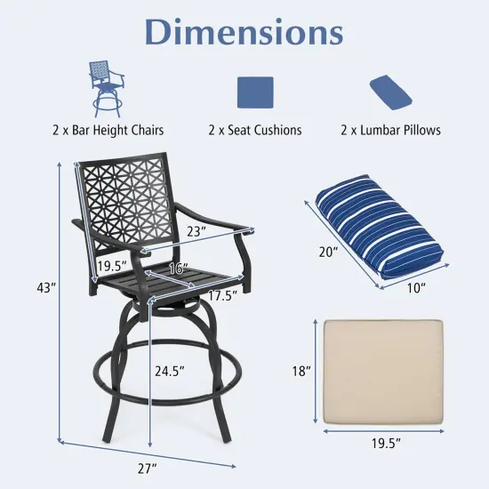 Costway Set of 2 Patio Swivel Bar Stool Chairs Cushioned Pillow Armrest Rocking {3}