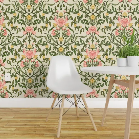 Peel & Stick Wallpaper 2FT Wide Floral Pink Green Botanical Hand Drawn Flowers Traditional Damask Cottagecore Farmhouse Custom Removable Wallpaper by Spoonflower {1}