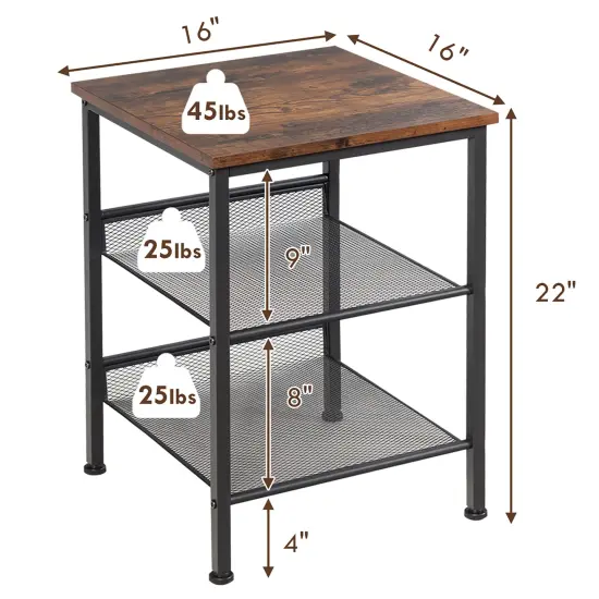 Costway 3-Tier Industrial End Side Table Nightstand W/2 Adjustable Shelves Rustic Brown {3}