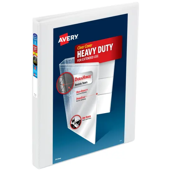 Avery Heavy-Duty View 3 Ring Binder, 0.5 Inch One Touch Slant Rings, 135-Sheet Capacity, DuraHinge, 0.7 Inch Wide Spine, Customizable Clear Cover and Spine, 1 White Binders (79380) {1}