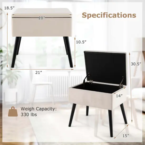 Costway Velvet Vanity Stool Ottoman with Storage Solid Wood Legs Flip-Up Top for Entryway Gray/Beige/Black {3}