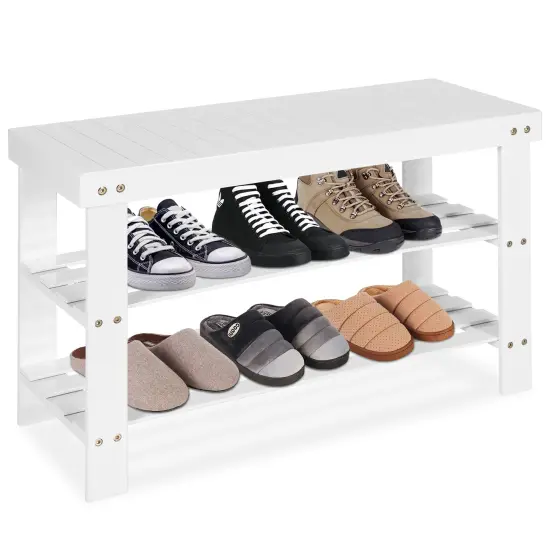 Costway Bamboo Shoe Rack Bench 3-Tier Storage Shelf Holder Home Entryway Hallway White {1}