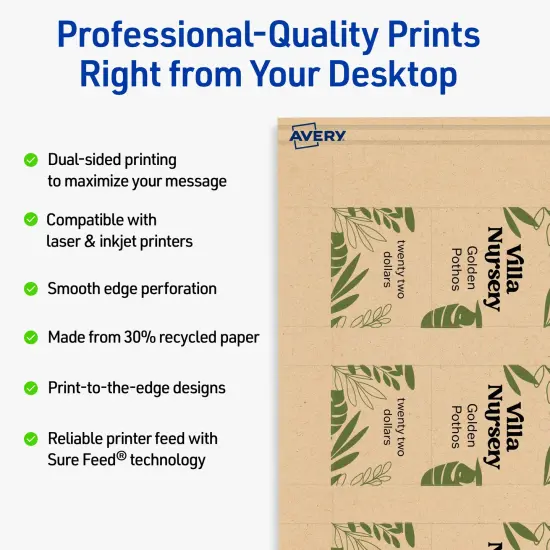 Avery Printable Perforated Rectangle Price Tags, Sure Feed Technology, 1-1/2" x 3", Matte Kraft Brown Cardstock, Print-to-The-Edge, Laser/Inkjet Printable, 100 Total {8}