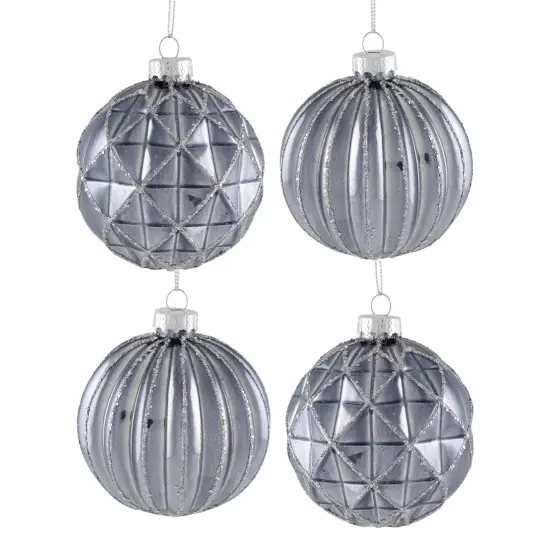Northlight Geometric Glittered Shiny Glass Ball Christmas Ornaments - 3" (80mm) - Pewter- 4ct Silver {3}