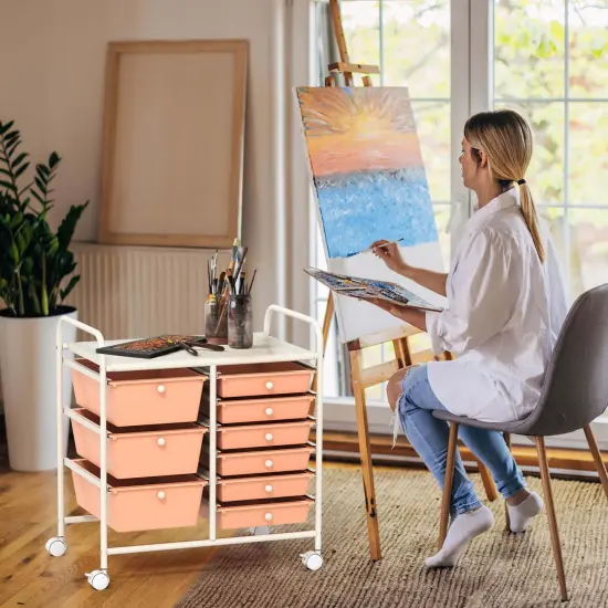 Costway 9 Drawer Rolling Organizer Cart Utility Storage Tools Scrapbook Paper Multi-Use Macaron/White/Hot Pink/Light Pink/Clear/Black {5}