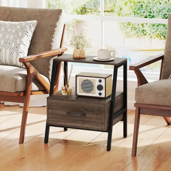 Costway 1/2 PCS Nightstand with Drawer Farmhouse 3-Tier Bedside Table with Open Shelf End Table {6}