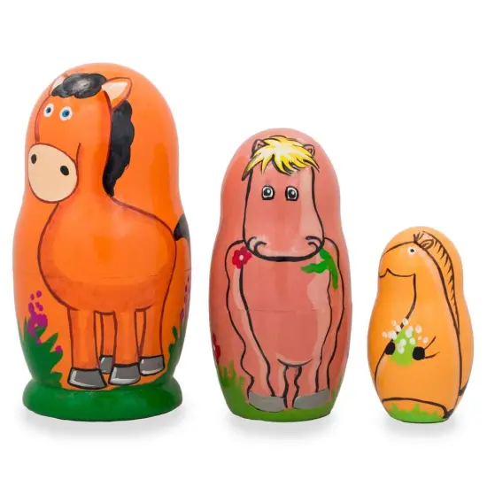 Set of 3 Horses with Flowers Wooden Nesting Dolls 4.25 Inches {1}