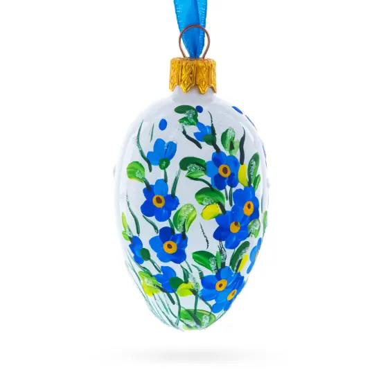 White with Blue Floral and Green Leaf Accents Mini Glass Egg Ornament 2.9 Inches {1}