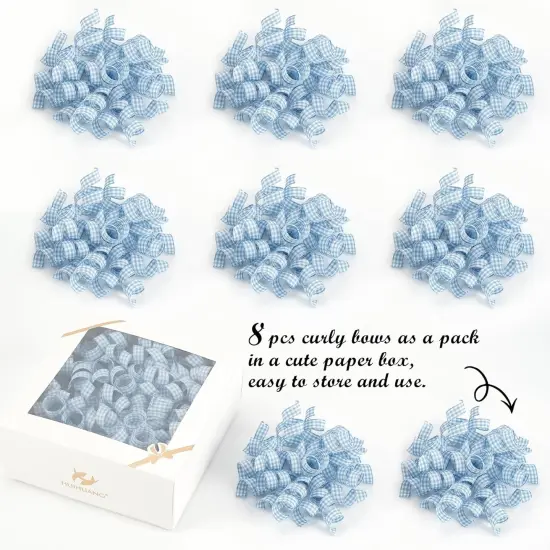 Blue Bows for Gift Wrapping Dusty Blue Plaid Ribbon Bow Self Adhesive Curly Gift Bows for Presents, Treat Bags, Bridal Shower Favors, Wrapping Accessories -5 inch x 8 Counts {5}