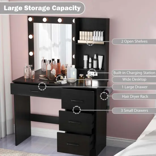 Costway Makeup Vanity Desk with Mirror and Lights Charging Station 3-Color LED Lights White/Black {6}