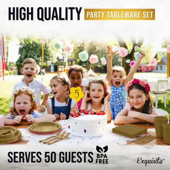 Exquisite 350 Pcs Plastic Plates for Party &ndash; Disposable Plates Set &ndash; 50 Each of 9" Dinner Plates, 7" Dessert Plates, Plastic Cups, Napkins & Plastic Cutlery &ndash; Plastic Dinnerware by Party Solids Gold {6}