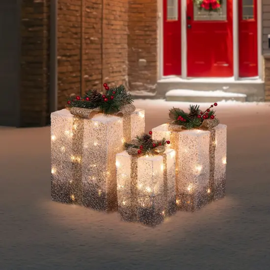 Northlight Set of 3 Silver Mesh Glittered Gift Boxes Outdoor Decorations {1}