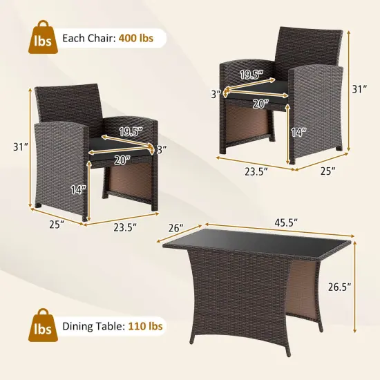 Costway 3 PCS Wicker Bistro Set Balcony Furniture Set with Tempered Glass Dining Table {3}