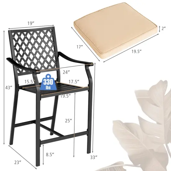 Costway 2PCS Patio Bar Stool Counter Height Cushioned Chair Armrest Garden Deck {3}