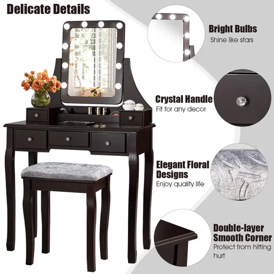 Costway Vanity Dressing Table Set w/ 10 Dimmable Bulbs Touch Switch Cushion Stool White\Black\Brown {6}