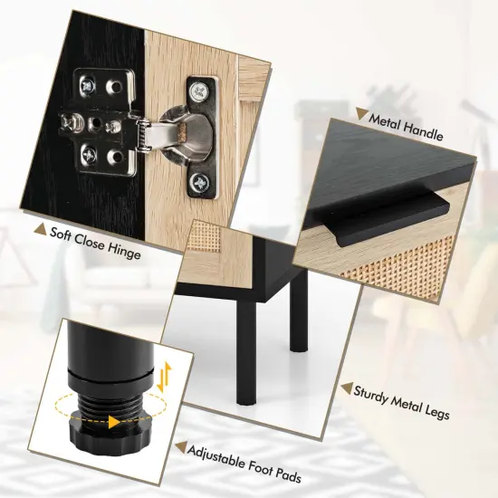 Costway Rattan Nightstand Set of 2 Mid Century Modern End Table with Drawer & Cabinet {6}