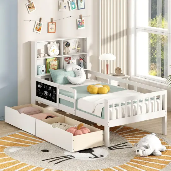 Costway Twin/Full Size Bed Frame with 2 Drawers Bookcase & Blackboard Full-length Guardrails {2}