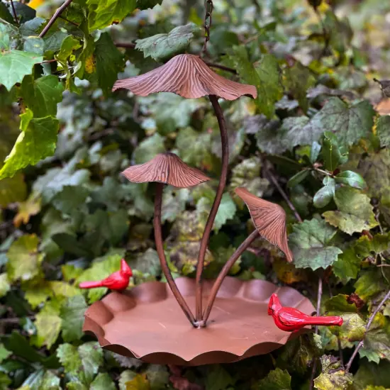 Rustic Brown Triple Mushroom Bird Feeder &ndash; Pie Plate Tray, Farmhouse Decor {5}