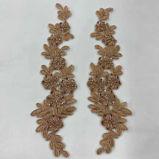 1 Pair 9.5" x 2" Each Side Beaded & Corded Floral Lace Applique Embroidered on 100% Polyester Net Mesh Peach {6}